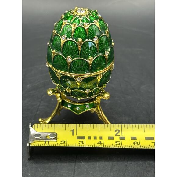 ZANZIBAR Jeweled Russian Style Green Enameled Egg With Stand Trinket Box 3 inch - Picture 5 of 9